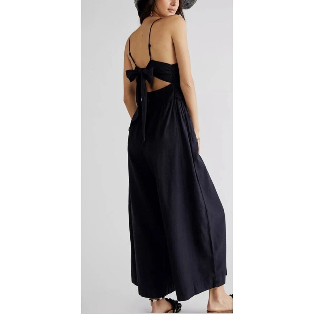 Free People Endless Summer Day Glow Jumpsuit Black Smocked Wide Leg Womens Small - Picture 2 of 11